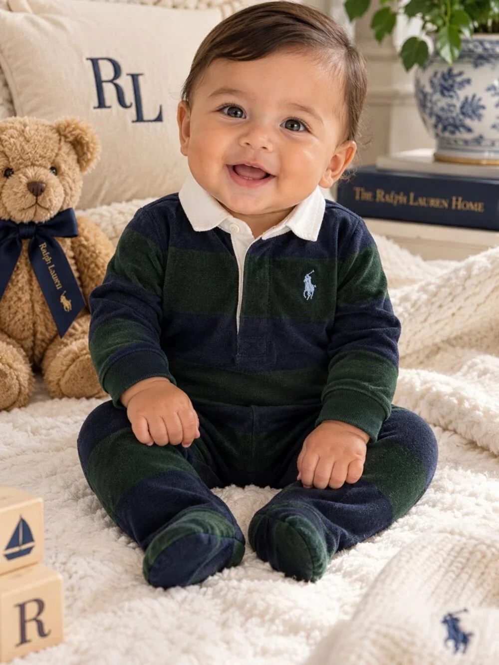 VINTAGE Ralph Lauren Baby Boy Polo Onsie 6M Navy Green Striped Footed One Piece